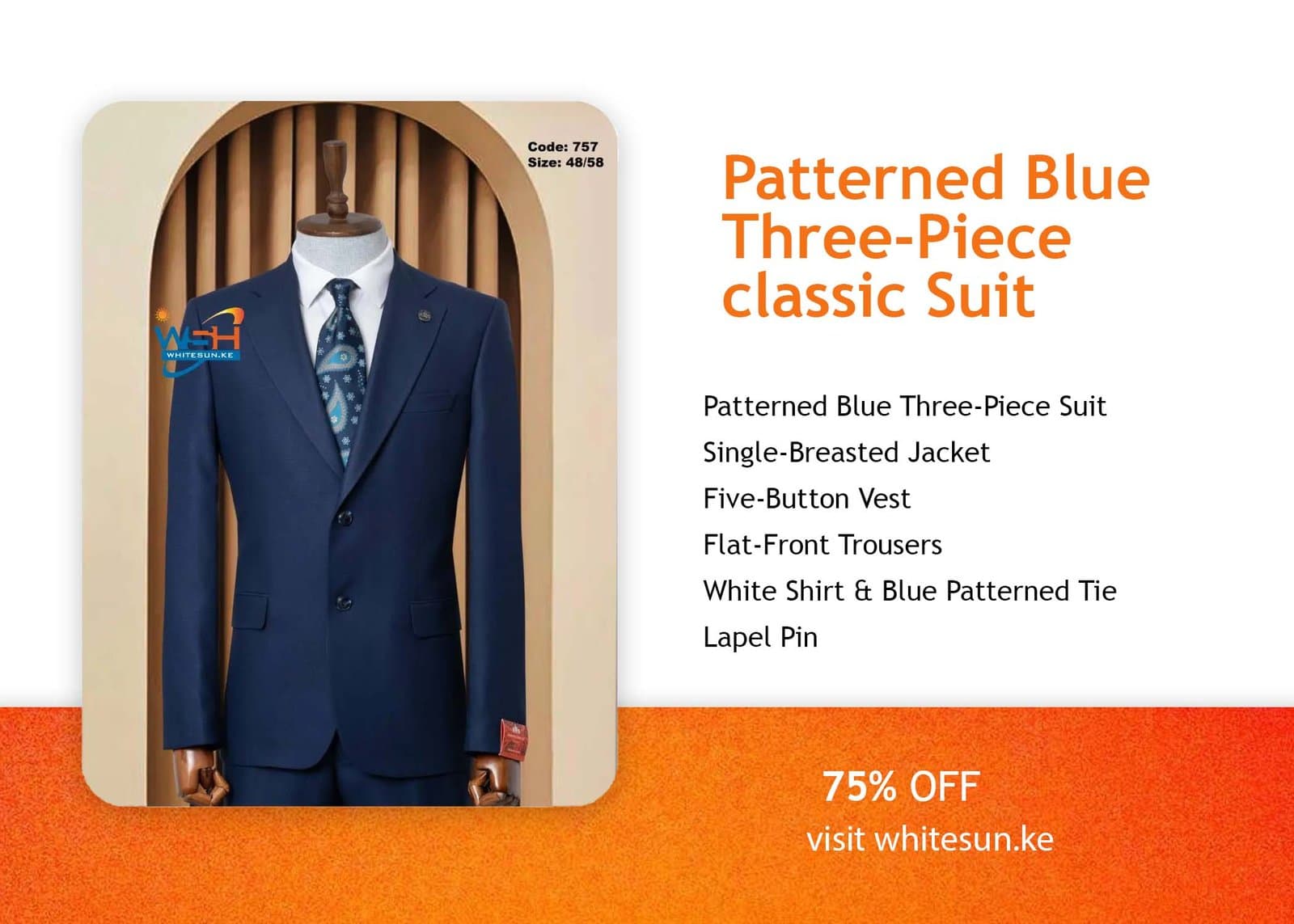 Patterned Blue Three-Piece classic Suit Thumbnail 3