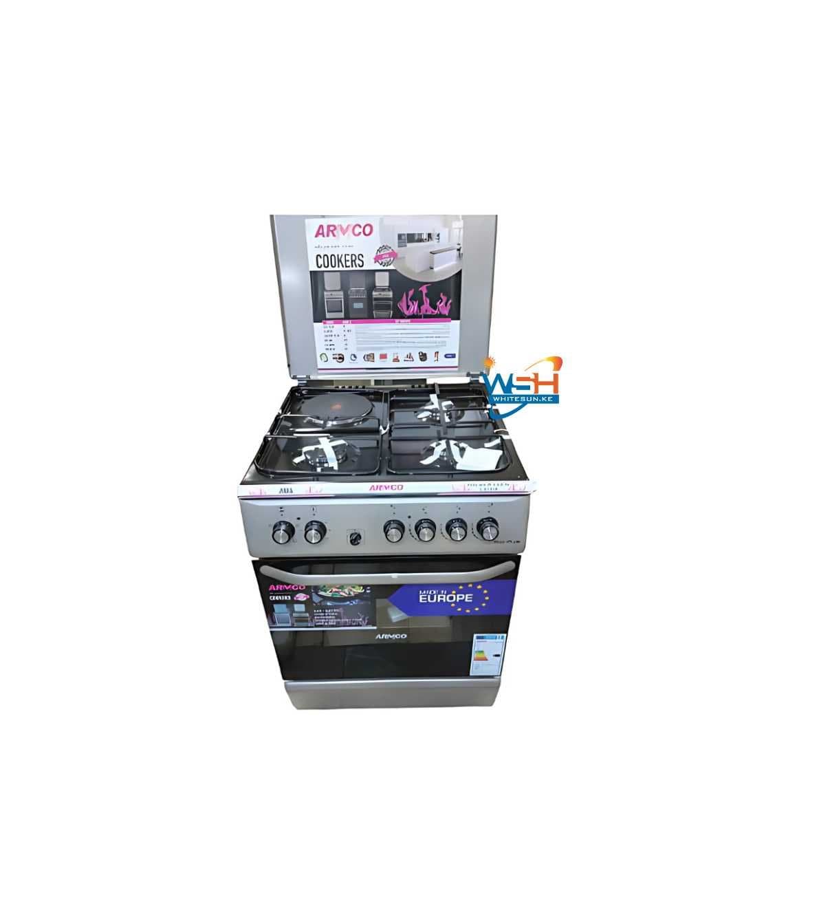 Armco 4-Burner Gas Cooker with Electric Plate & Oven – Stainless Steel, Auto Ignition, Rotisserie & Timer