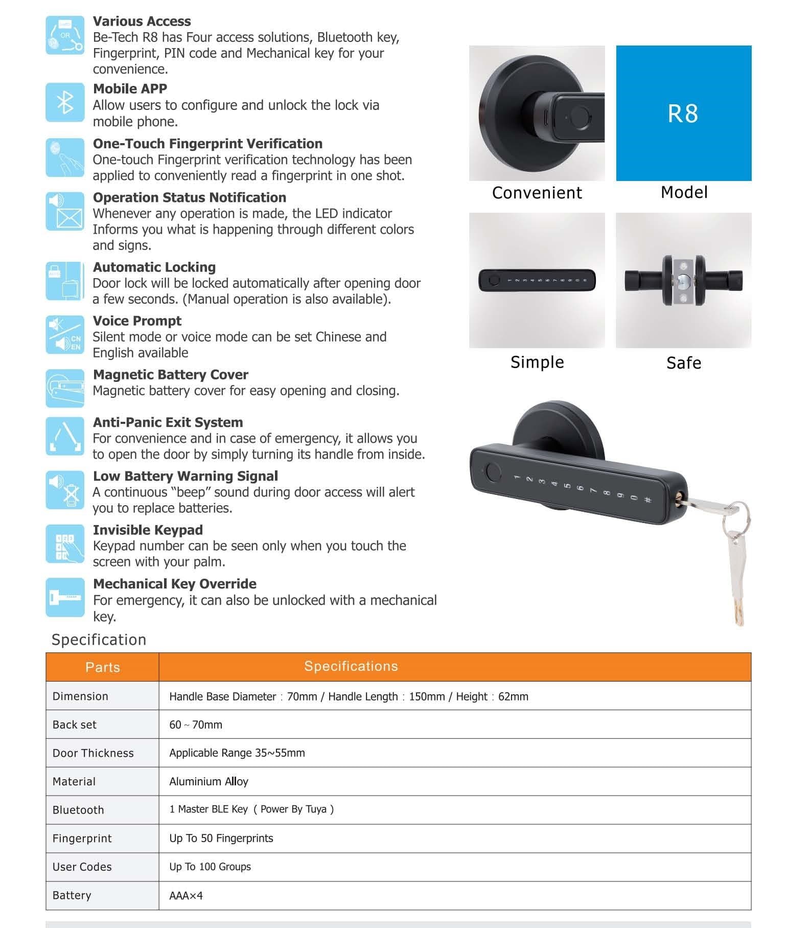 Be-Tech R8 Digital Cylindrical Latch Lock | Smart Security for Modern Homes & Offices Thumbnail 3