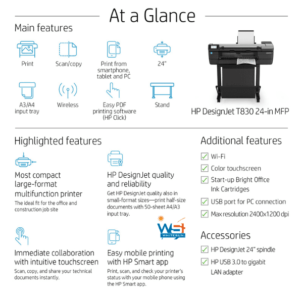 HP DesignJet T830 Large Format Multifunction Wireless Plotter Printer - 24", with Mobile Printing (F9A28D) Thumbnail 6