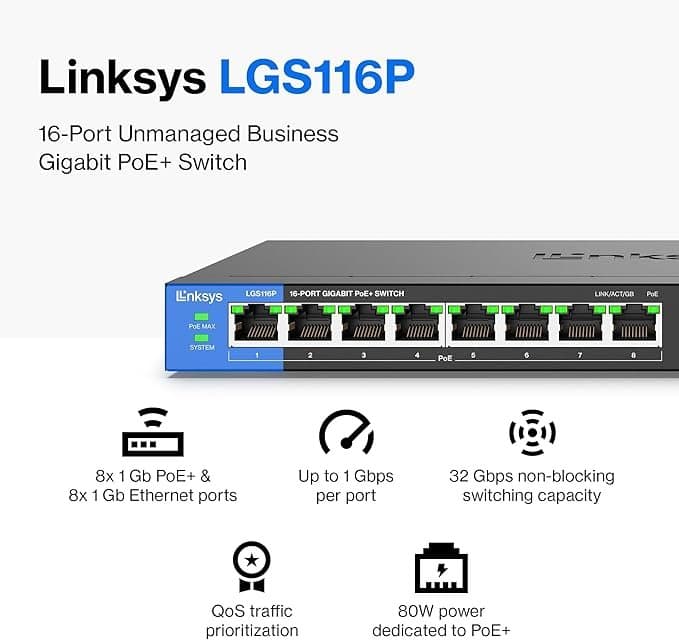 Linksys LGS116P 16 Port Gigabit Unmanaged Network PoE Switch with 8 PoE+ Ports @ 80W - Ideal for Business, Home, Office, IP Surveillance - Ethernet Switch Hub with Metal Housing, Desktop / Wall Mount Thumbnail 4