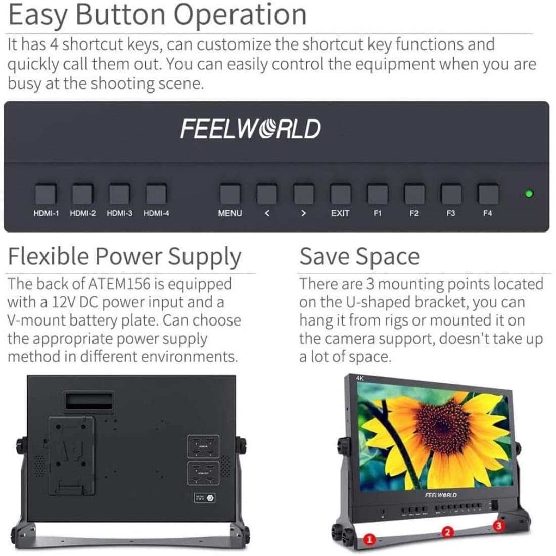 FEELWORLD ATEM156 15.6 Inch Live Streaming Broadcast Director Monitor for ATEM Mini Video Switcher Mixer Pro Studio Television Production with 4 HDMI Input Output Quad Split Display Atem Thumbnail 3