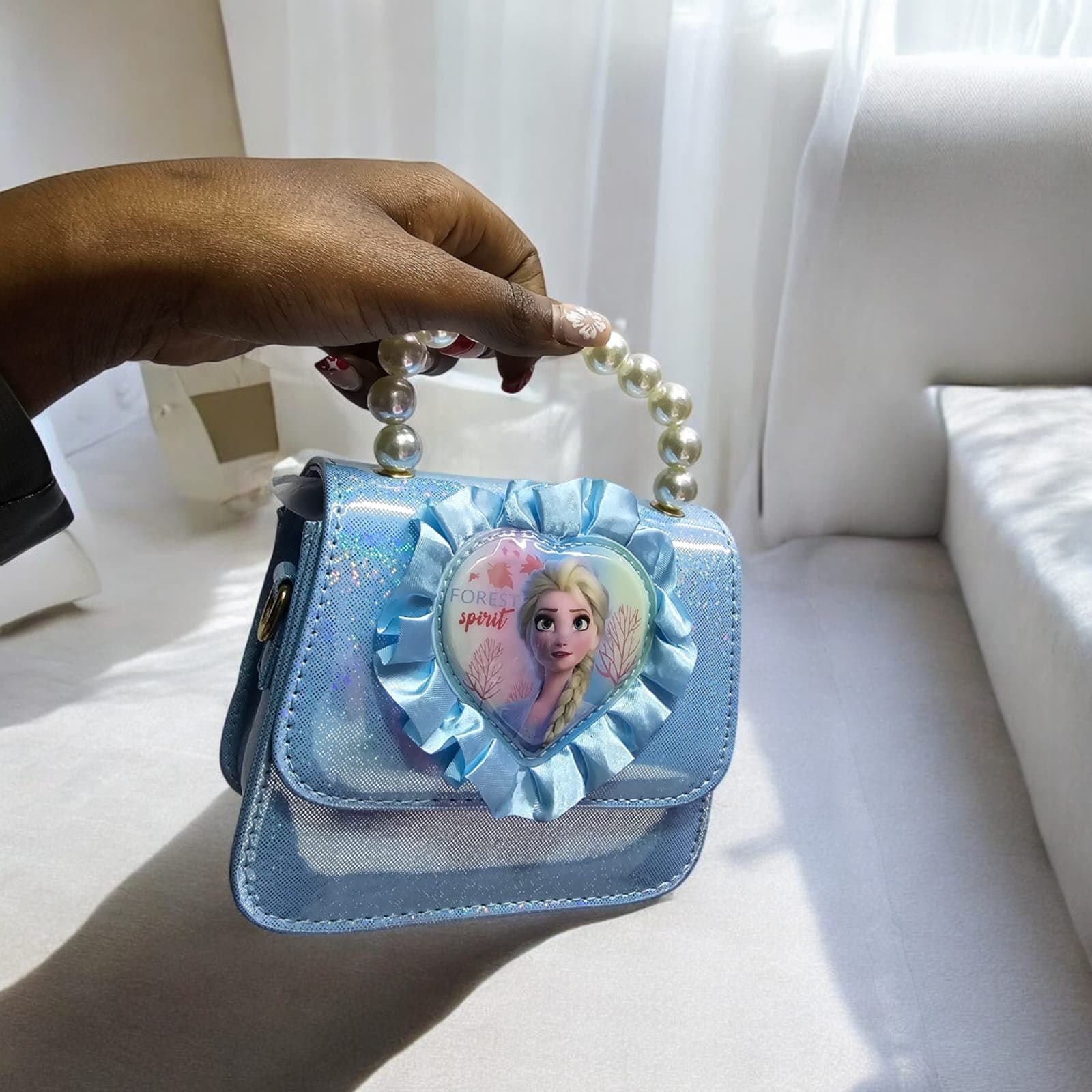 082# Whitesun Kids Handbag with Long Shoulder Strap – Waterproof Cartoon Birthday Gift for Girls 1–12 Years – Elsa Frozen Purple handbag