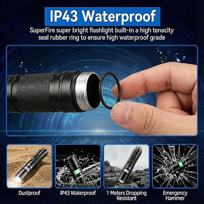 SuperFire 1000 Lumens Tactical Flashlight, Super Bright LED Rechargeable, Zoomable with Long Battery Life, 4 Light Modes Pocket Flashlight for Home, Mechanic, Camping, Emergency, Survival Thumbnail 6
