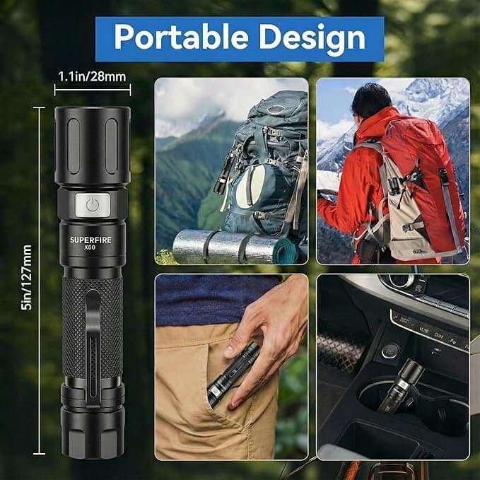 SuperFire 1000 Lumens Tactical Flashlight, Super Bright LED Rechargeable, Zoomable with Long Battery Life, 4 Light Modes Pocket Flashlight for Home, Mechanic, Camping, Emergency, Survival Thumbnail 7
