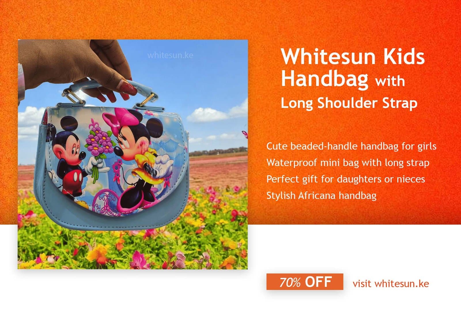 083# Whitesun Kids Handbag with Long Shoulder Strap – Waterproof Cartoon Birthday Gift for Girls 1–12 Years – Mickey Mouse light blue Handbag Thumbnail 4