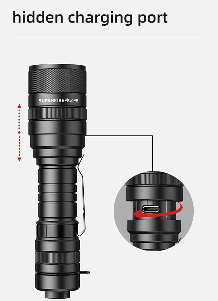 SUPERFIRE F5 1100 Lumen Zoomable Flashlight type c hidden charging port  Thumbnail 5