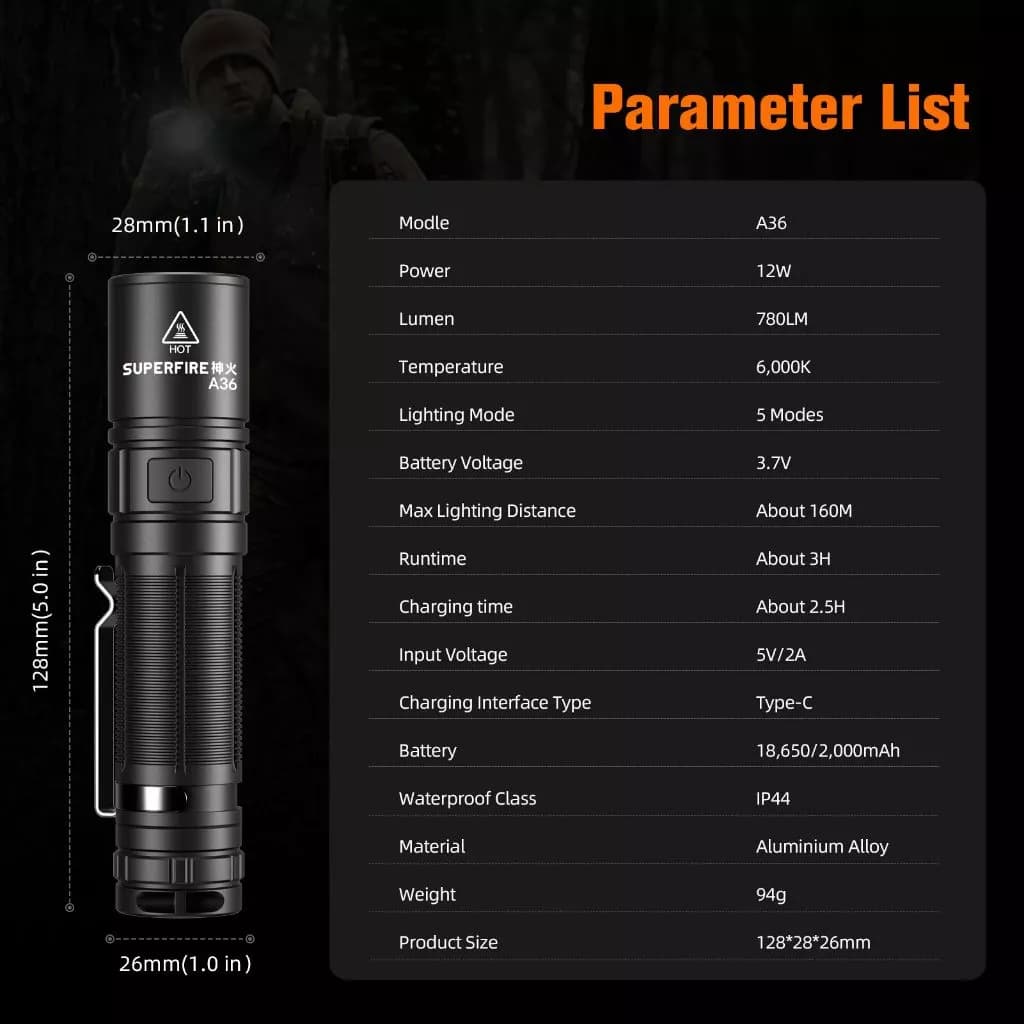 SUPERFIRE A36 12W EDC Bright LED Flashlight 2000mAh Battery 780LM Torch Portable Camping Fishing Lantern Thumbnail 8