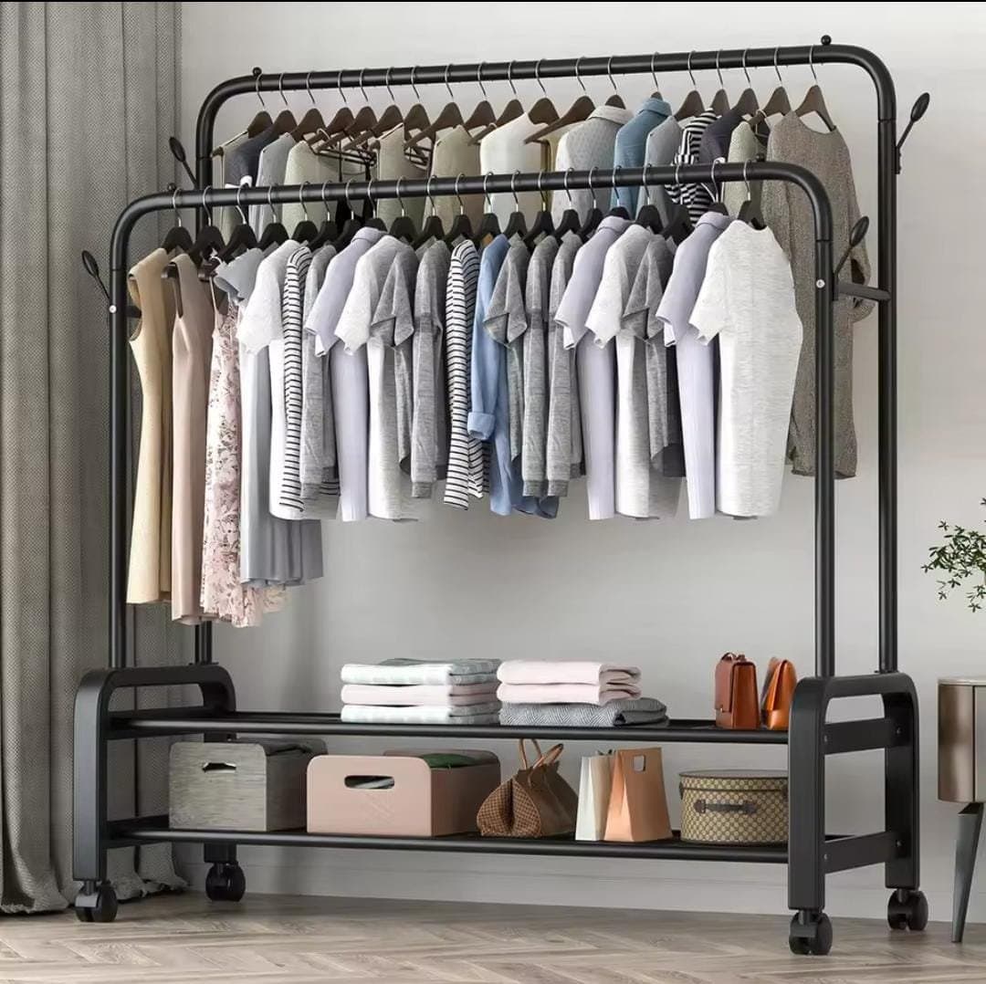 Heavy-Duty Freestanding Clothing Rack with Double Lower Storage Shelves – Sturdy Metal Garment Organizer for Bedroom, Closet, or Entryway