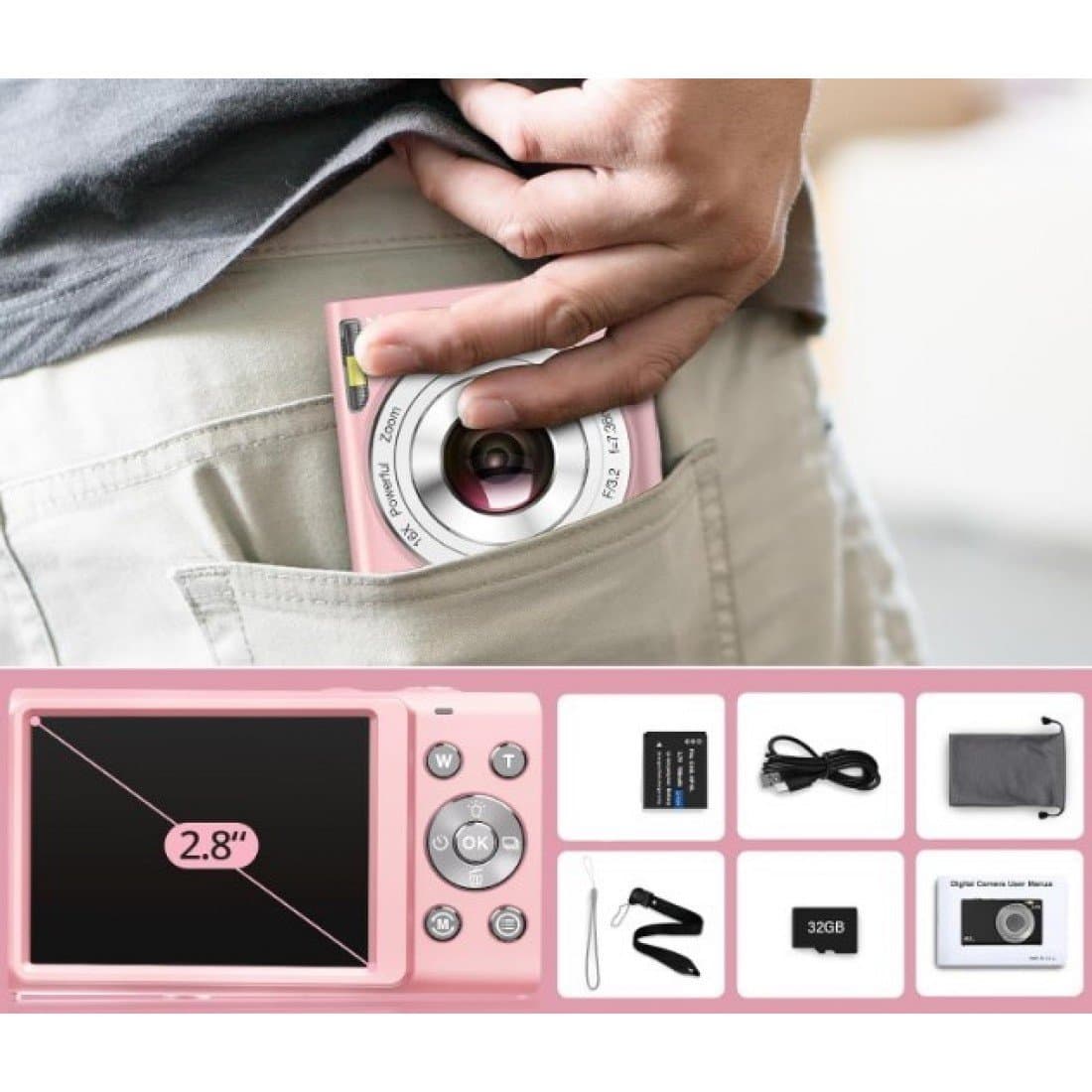 Point and Shoot 2.7K 48MP Digital Camera with 32GB Memory Card (Pink) Thumbnail 3