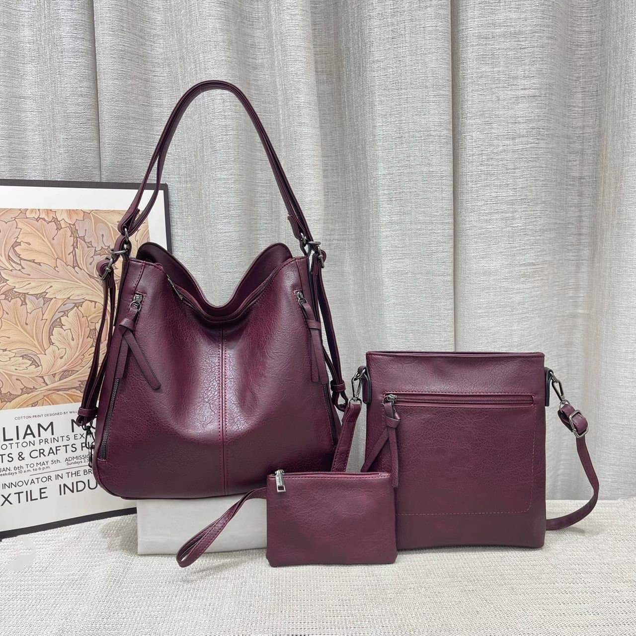 043# Whitesun 3in1 RoyaSoft leather ladies handbag maroon colour beautiful Valentine’s gift for wife gift for sister auntie grandma santa gift pack mother’s day gift girlfriend’s gift present