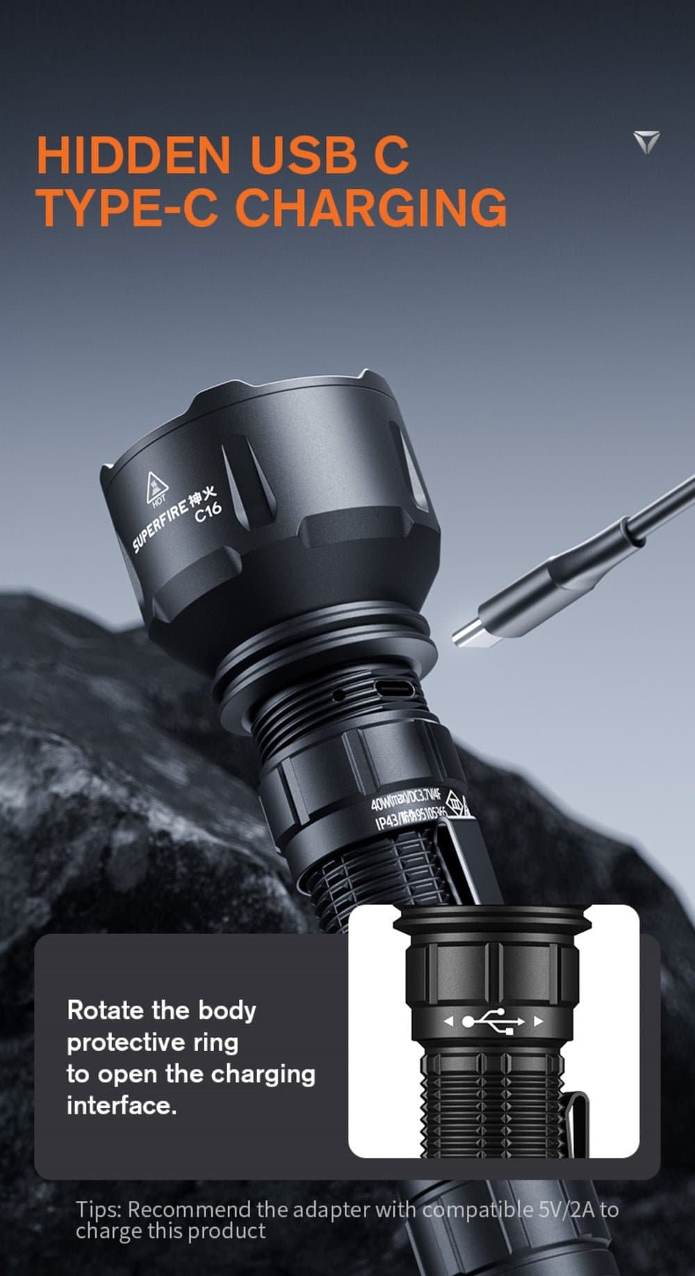 SUPERFIRE C16 Long-Range LED Flashlight | 2700LM, 500m Beam, Rechargeable Thumbnail 8