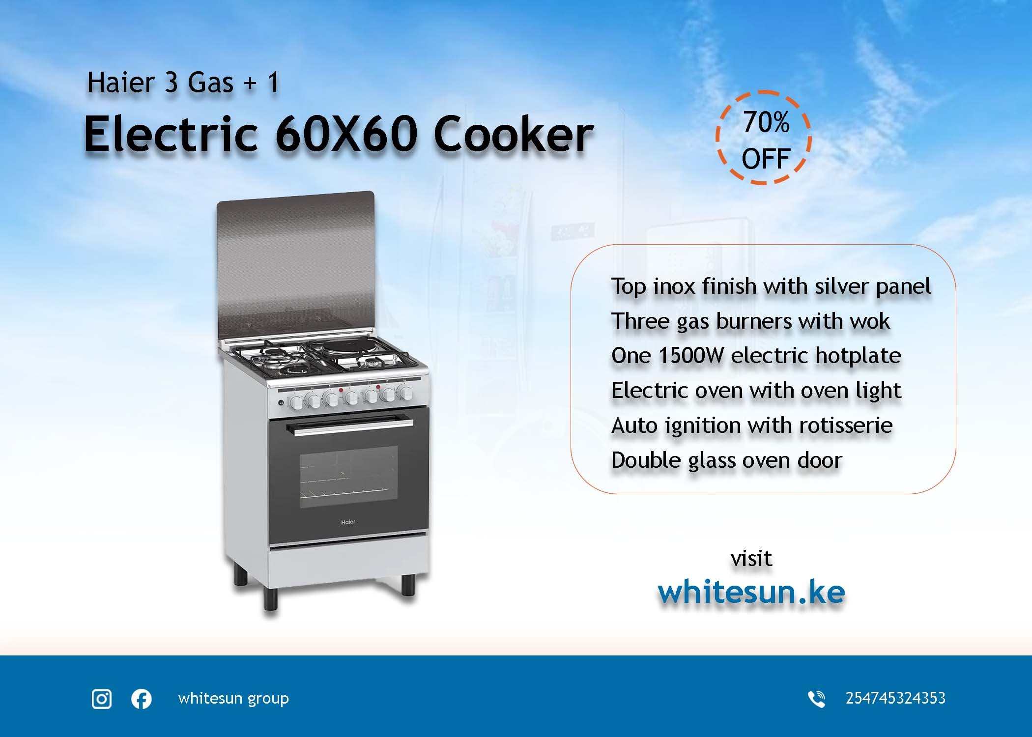 Haier 3Gas + 1Electric 60X60 Cooker with Electric Oven - HCR2031EESLP Thumbnail 3