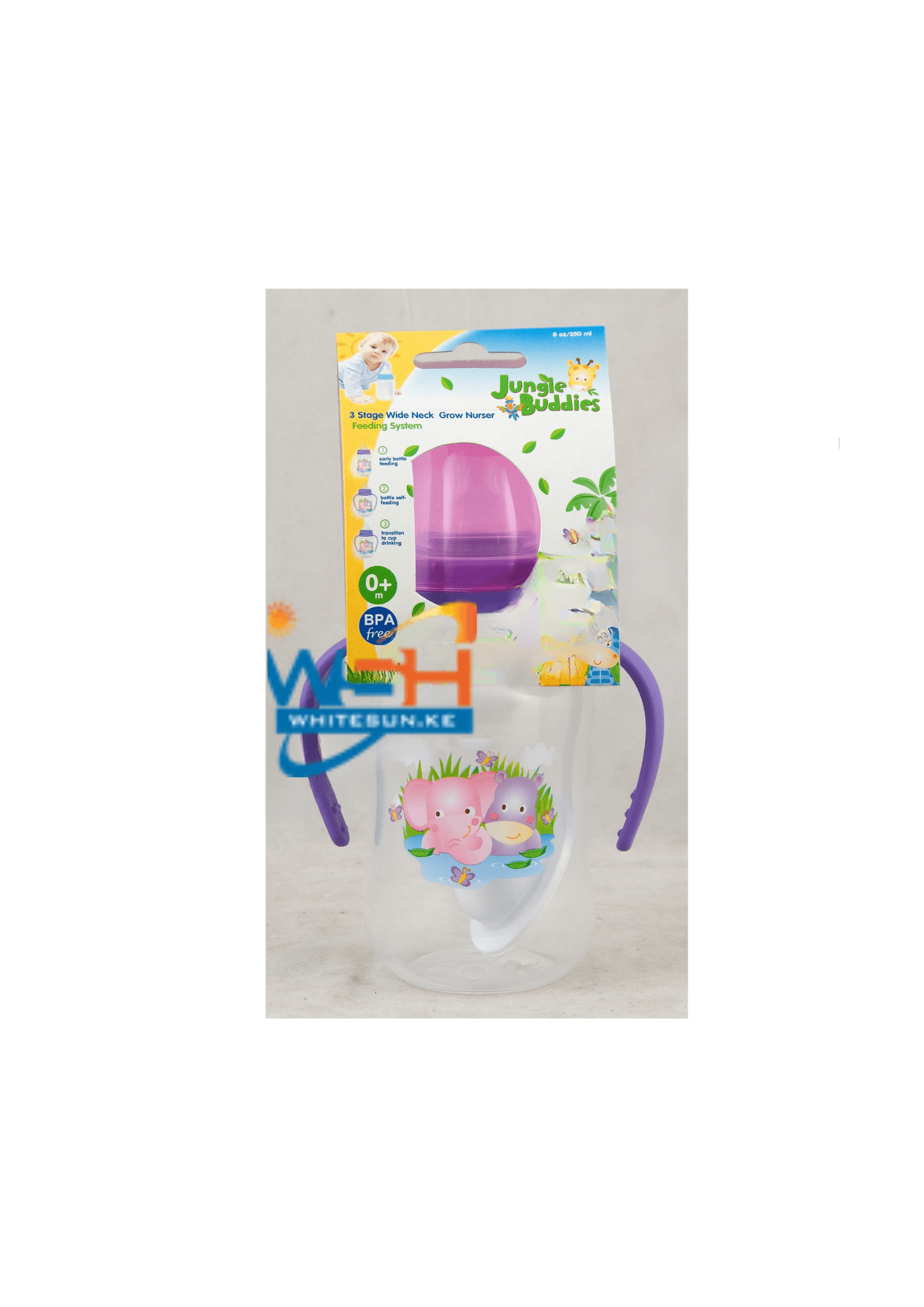 Easy Grip Wide Neck Bottle With Wide Neck Silicone Nipple, Hood, Cap With Handle With Tpr Spout 8Oz Jungle Buddies Pp, Silicone, Tpr Thumbnail 2
